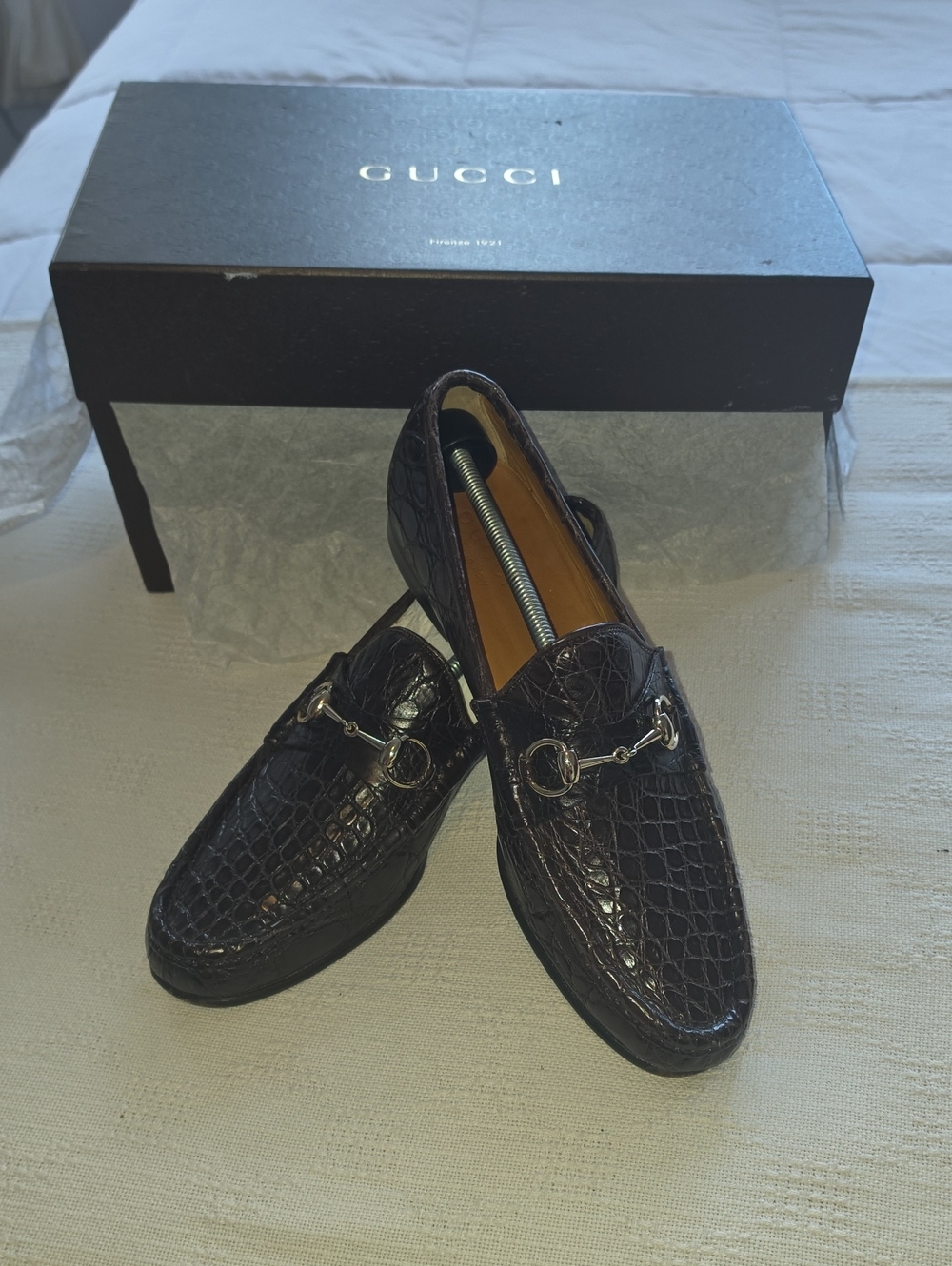 Gucci Brown Croc-Embossed Leather Horsebit Loafers
